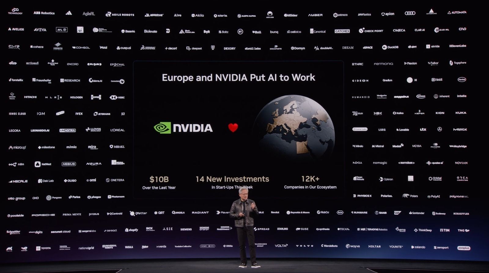 NVIDIA GTC Berlin 2026, keynote on the stage in front of the Europe and NVIDIA slide. Jensen Huang is on stage.